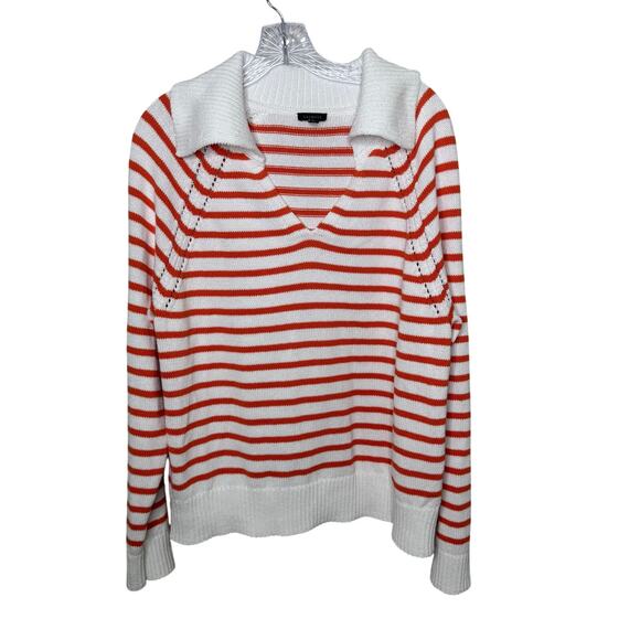 Talbots Women’s Sweater XL White Orange Striped Collared V-Neck Cotton Blend - Picture 1 of 8
